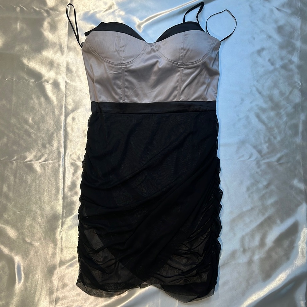 Blaque Market medium gray satin black mesh dress